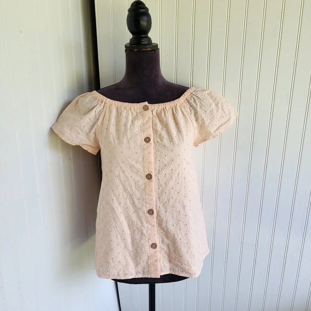 Cat & Jack Girs Eyelet Button Front Woven Short Sleeve Blush Orange Top L(10/12)